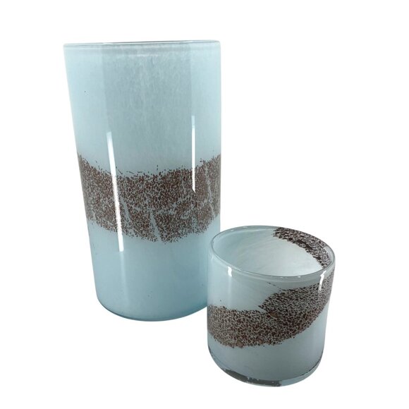Handcrafted Blue & Copper Brown Art Glass Votive Candle Set: 10" and 4" Tall - Picture 1 of 16